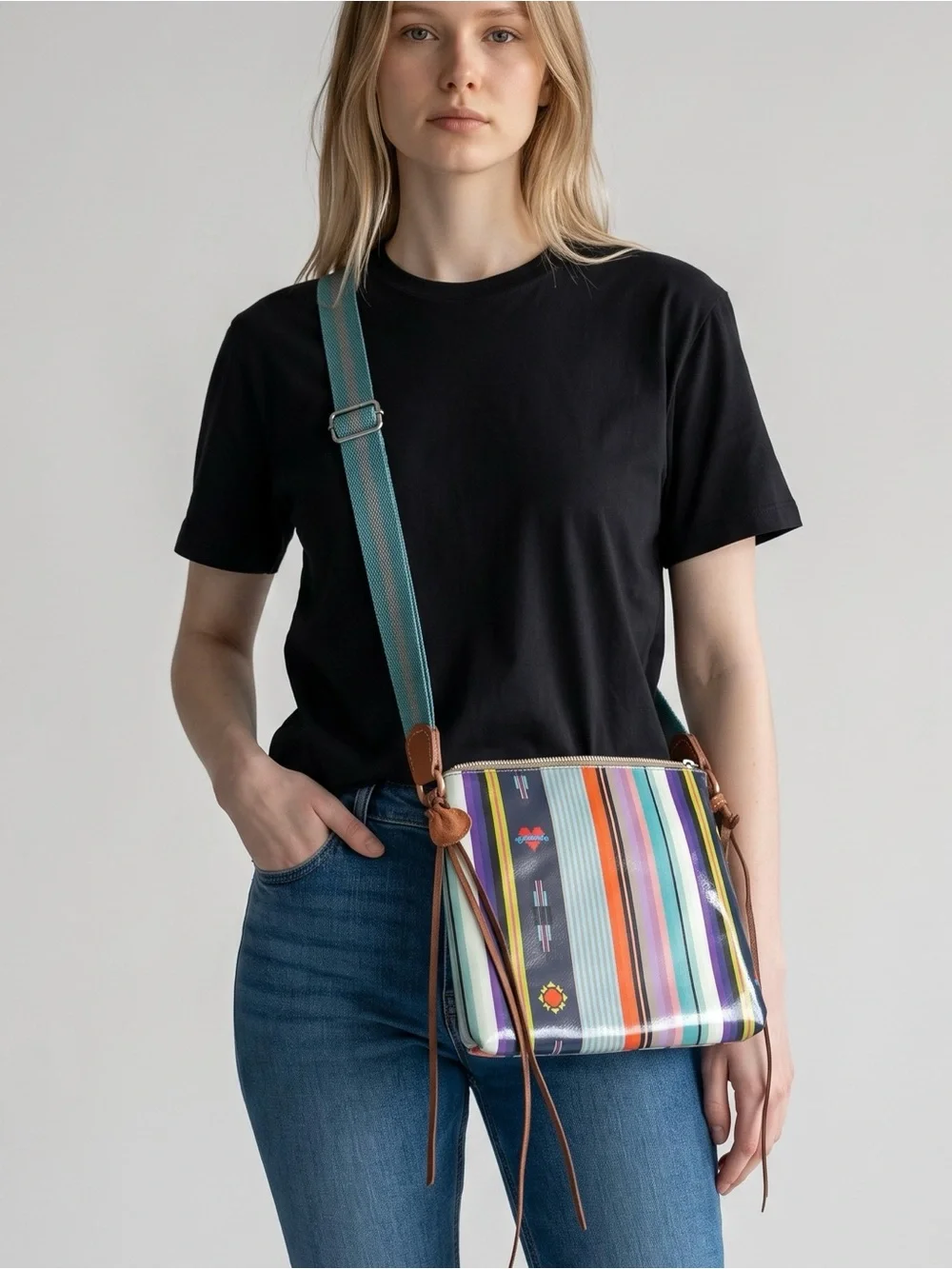 Consuela Multicolor Stripe Crossbody Bag with Brown Trim